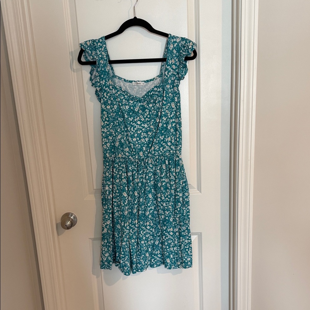 Teal Floral Ruffle Midi Dress